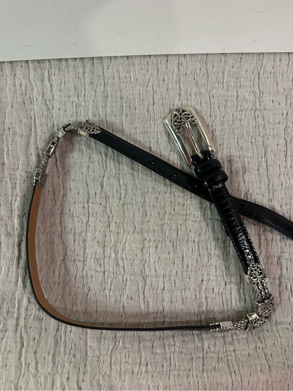 VTG Brighton Black Leather Belt Silver Celtic Scroll Link Mesh Accent Size M/30